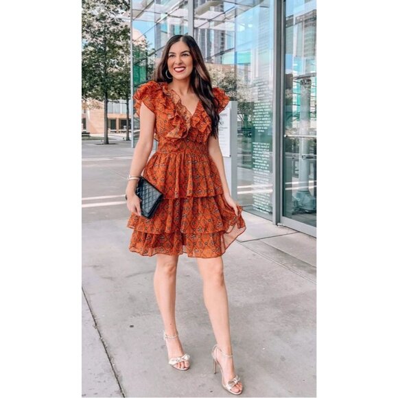 Orange Geo Medallion Print Dress With Ruffle Details By Socialite - Picture 8 of 8